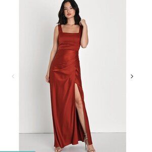 Lulus Red Carpet Romance Rust Orange Satin Square Neck Maxi Dress - Size M